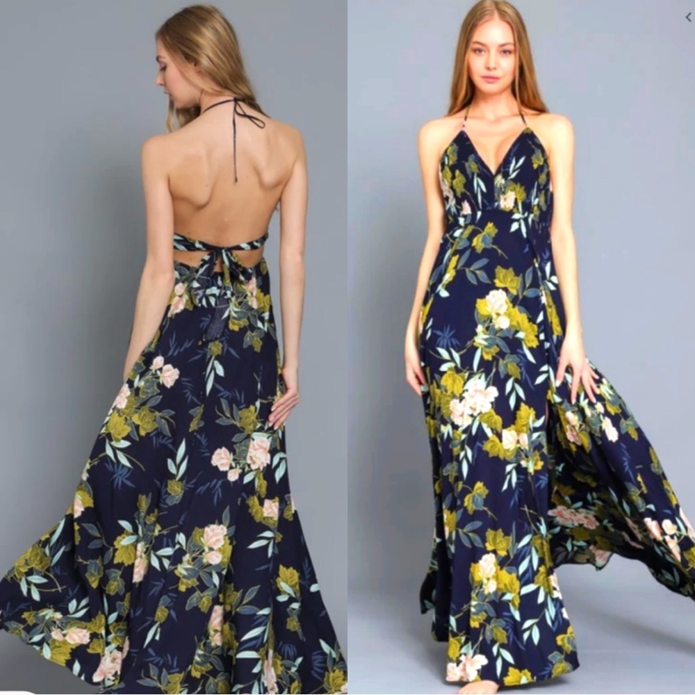 Aakaa Navy & Multi Color Floral Maxi Dress